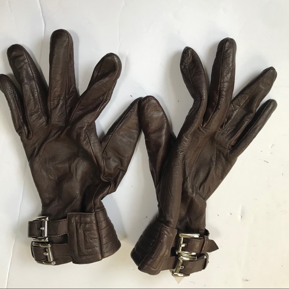 Michael Kors Moto Leather Gloves Buckles Lined Silver Hardware Small Brown Lined - Picture 2 of 11